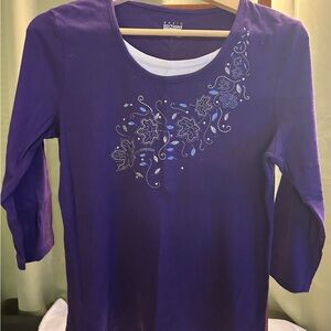 Basic Editions Violet 3/4Sleeve Top with Embroidered Design